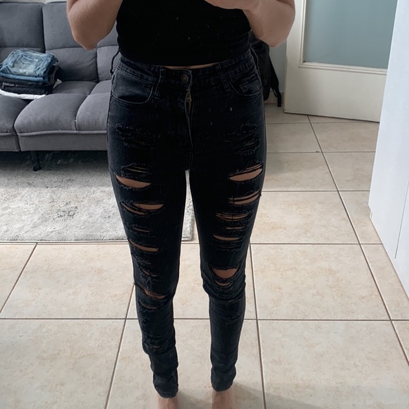 Abercrombie & Fitch black high waisted rise denim jeans size 2 26 distressed - Picture 2 of 7